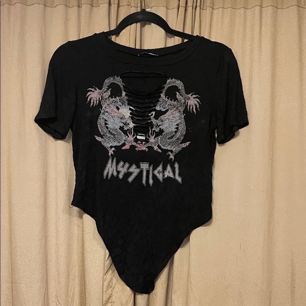 Mystic Black Tee with Twin Dragon Design Long front/Short Back Cut Out Design